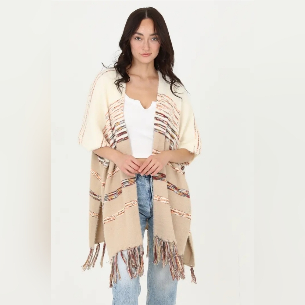 Super Soft Kimono Sleeve Sweater Poncho with Fringe